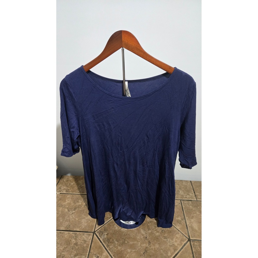 Isaac Liev Wide Scoop Neck Navy Blue Spandex Top Size L